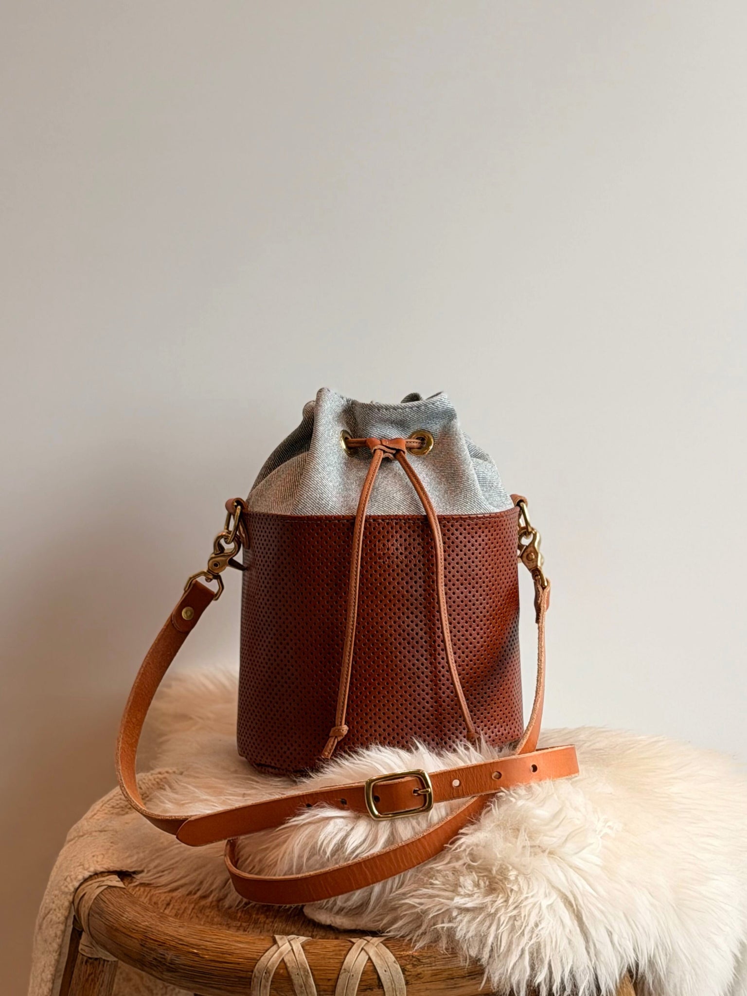 Cylinder Bucket —  Denim Print x Perforated Ginger Leather