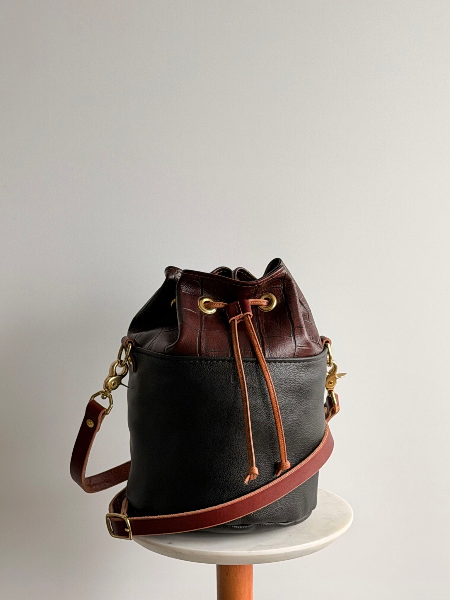 Cylinder Bucket —  Oxblood Croc Top x Raven Black Leather