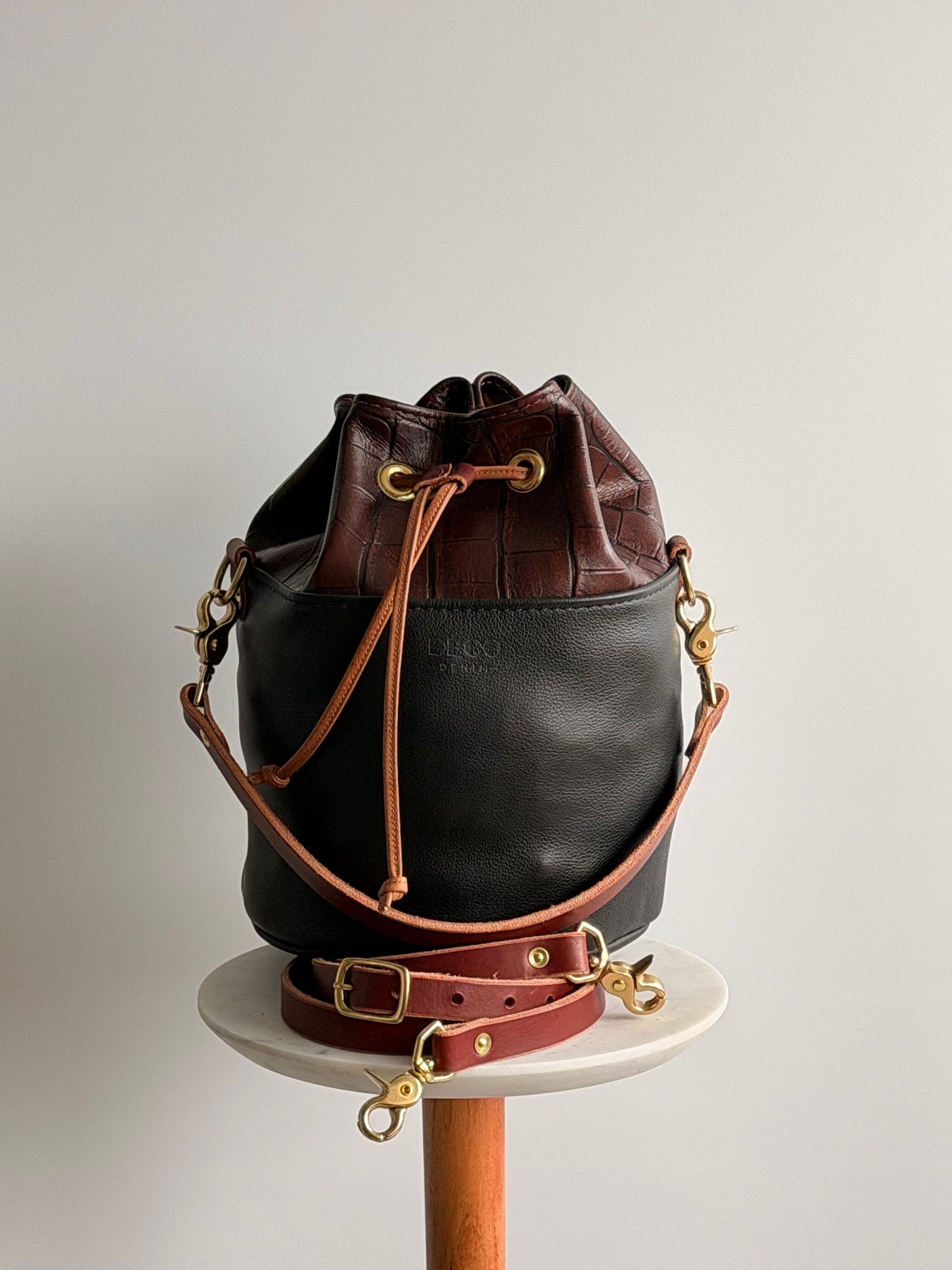 Cylinder Bucket —  Oxblood Croc Top x Raven Black Leather
