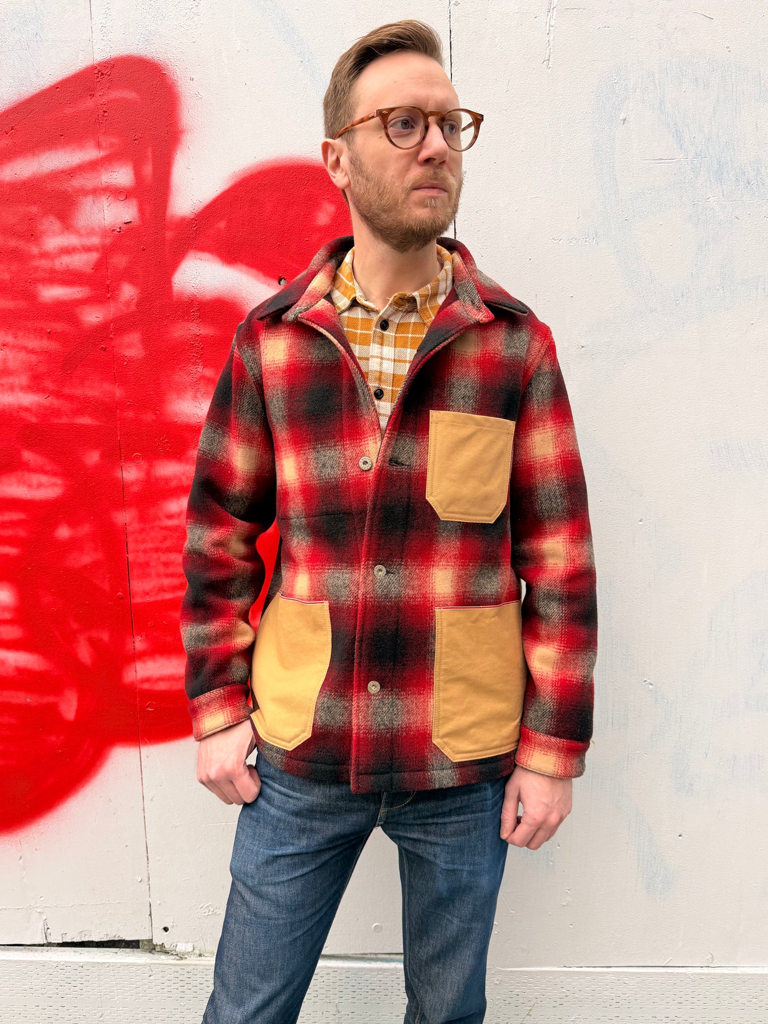 Deco Denim Chore Coat | Heavyweight Italian Red Wool Plaid