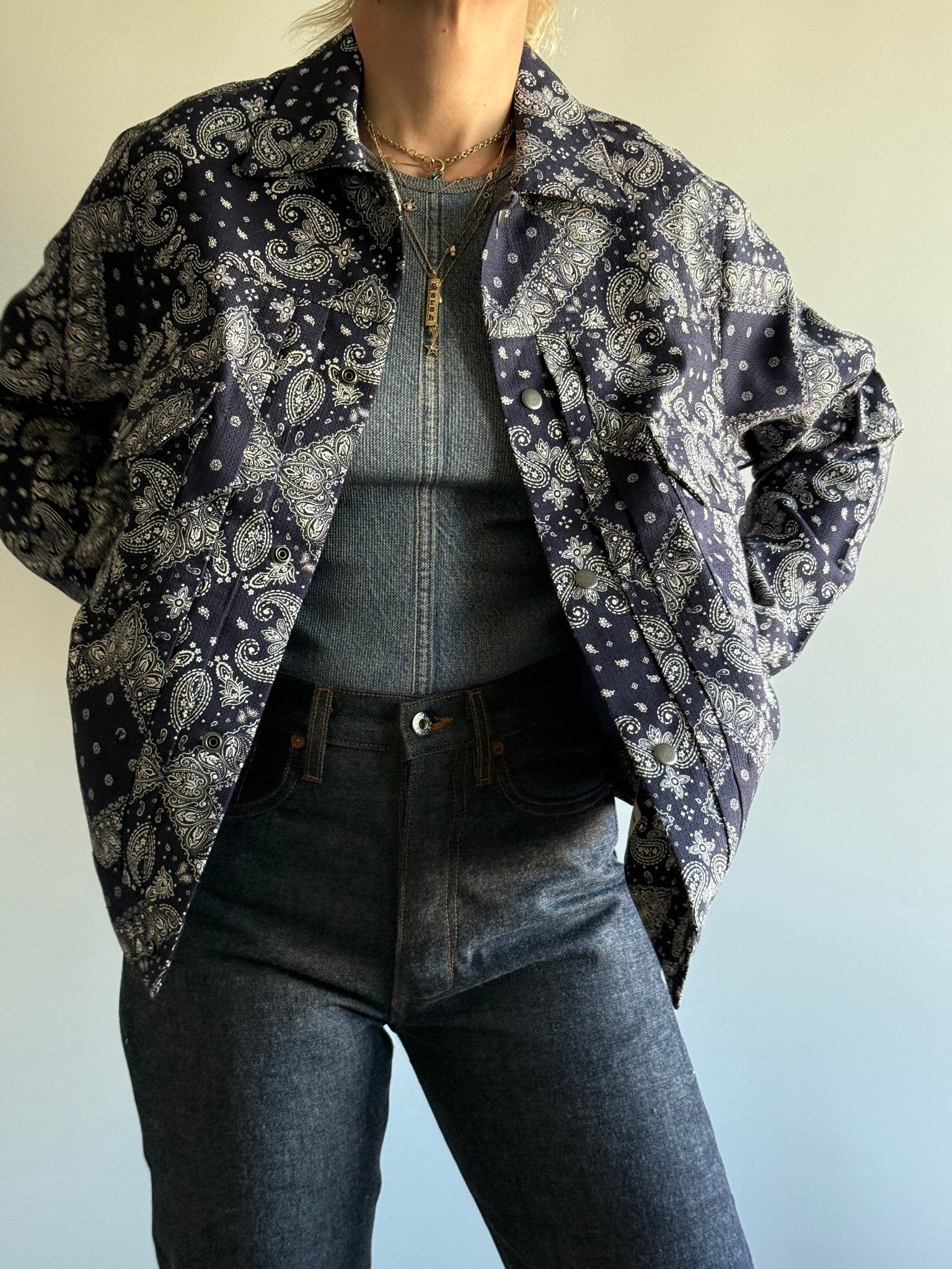 Lined Navy Bandana Printed Trucker Jacket