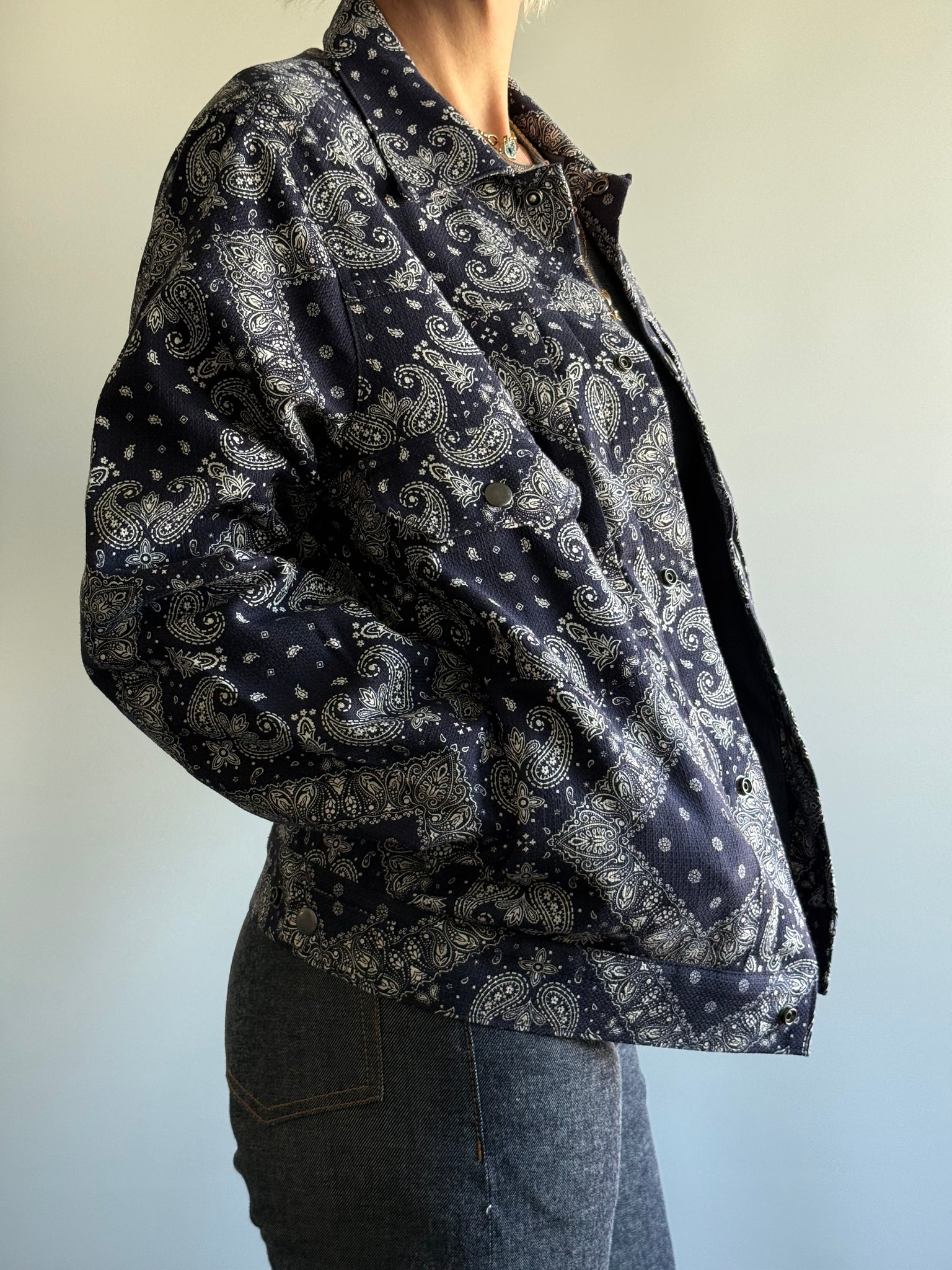 Lined Navy Bandana Printed Trucker Jacket