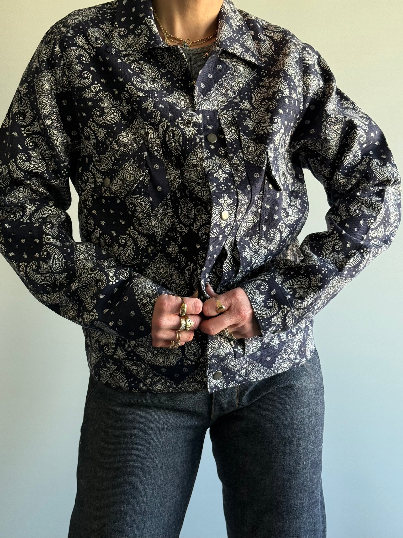 Lined Navy Bandana Printed Trucker Jacket