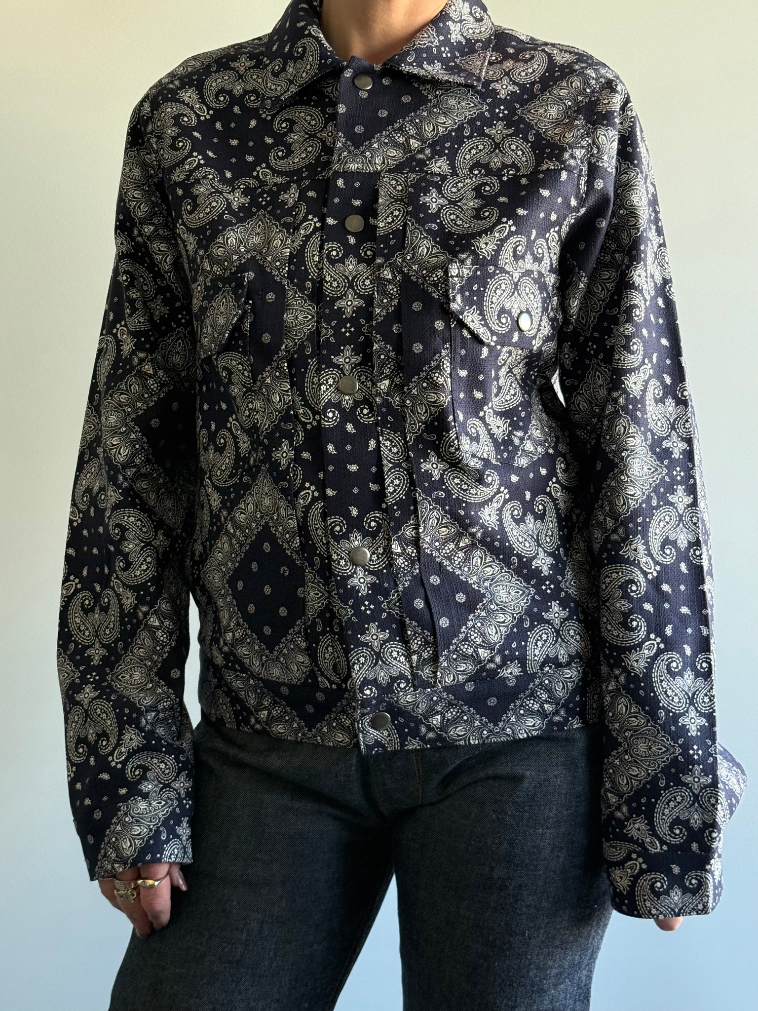 Lined Navy Bandana Printed Trucker Jacket