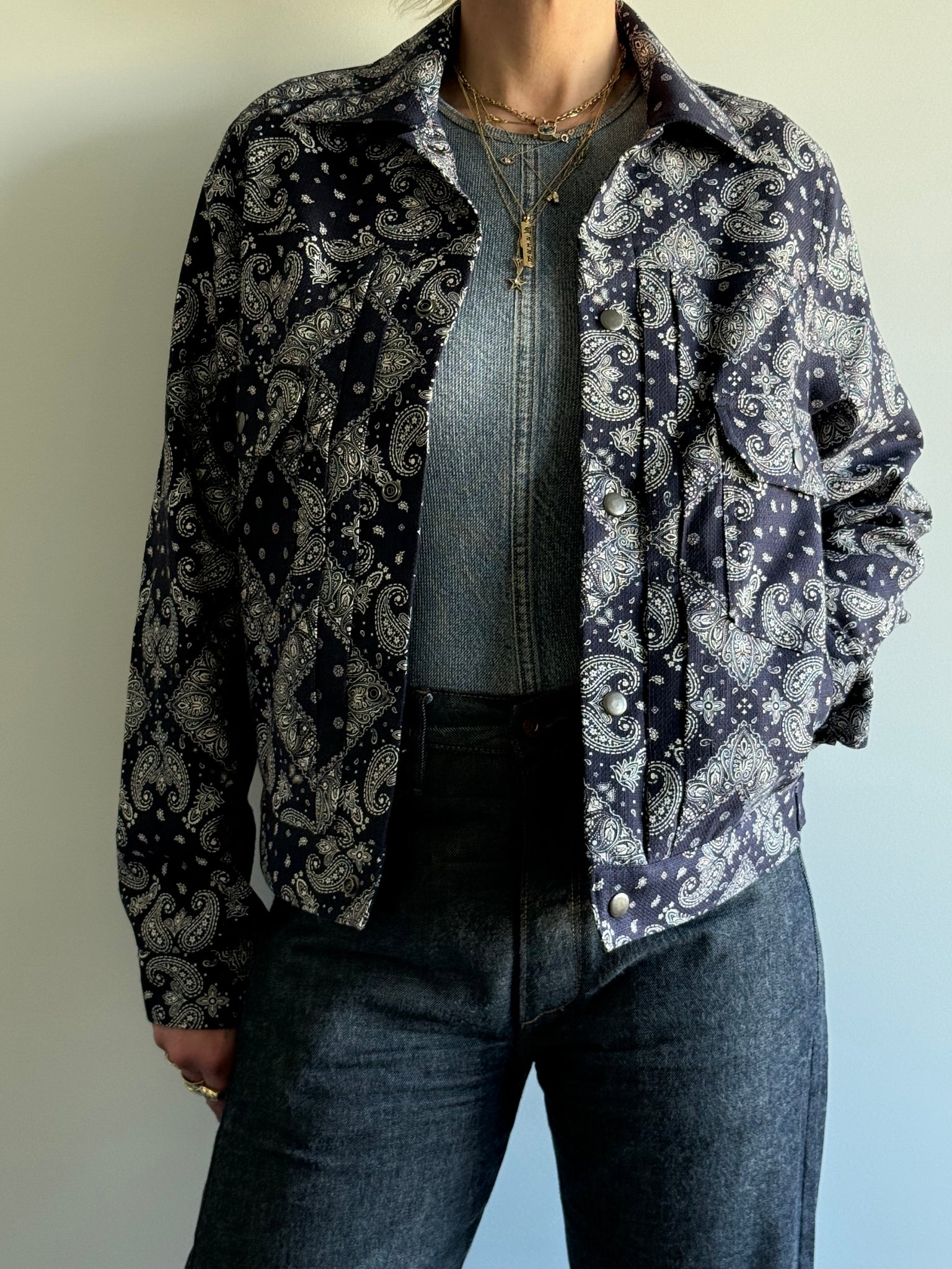 Lined Navy Bandana Printed Trucker Jacket