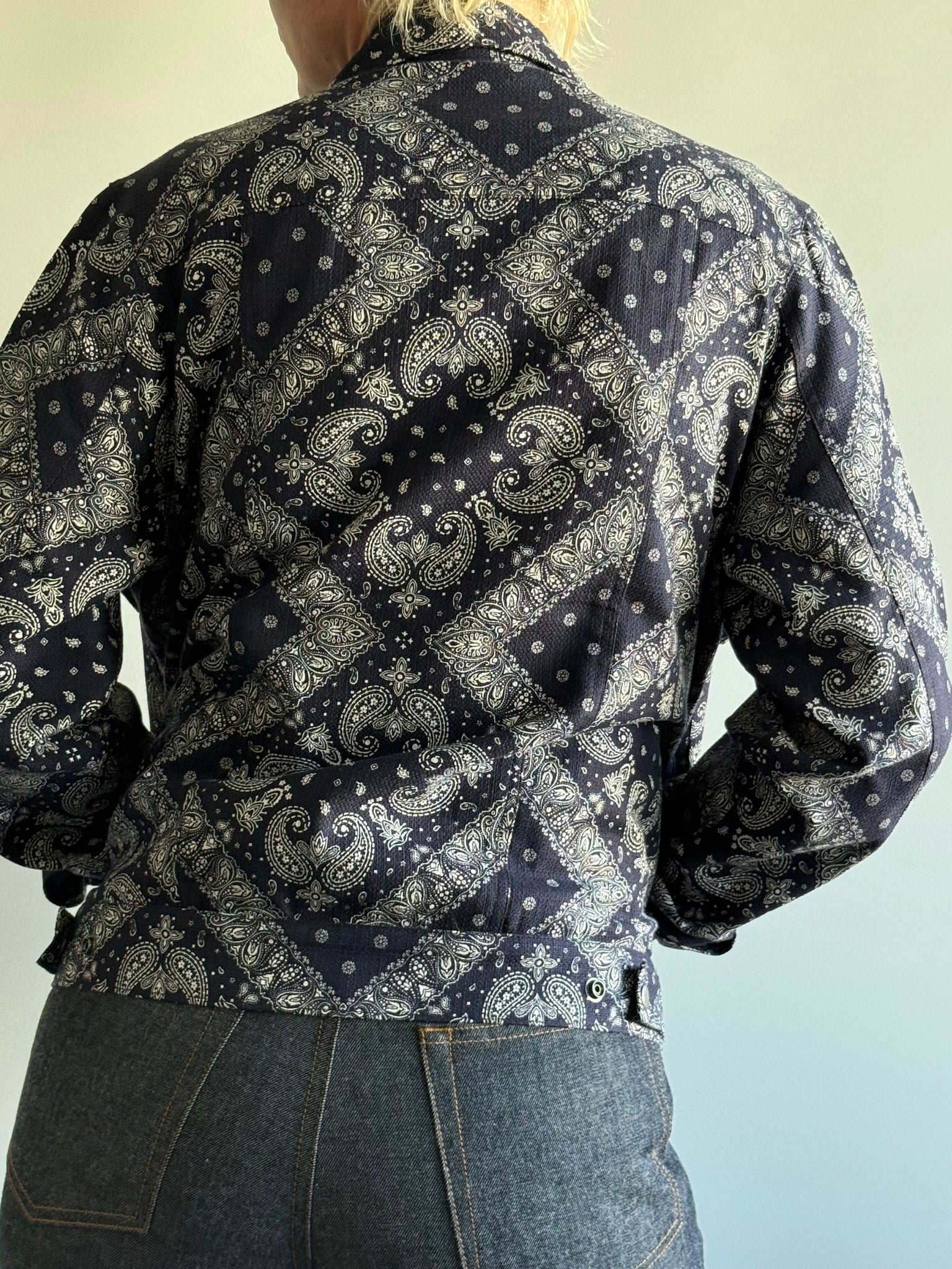 Lined Navy Bandana Printed Trucker Jacket