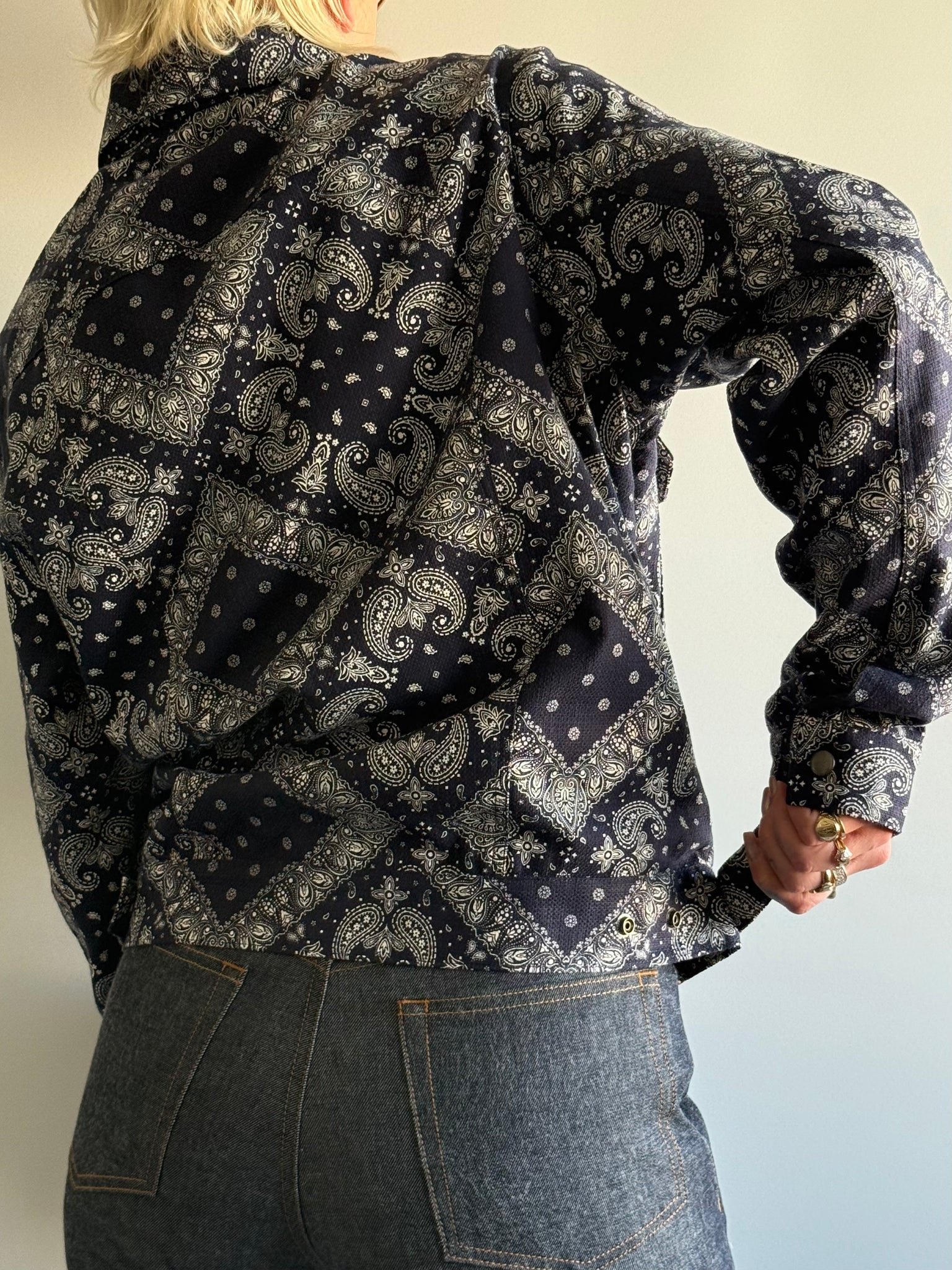 Lined Navy Bandana Printed Trucker Jacket