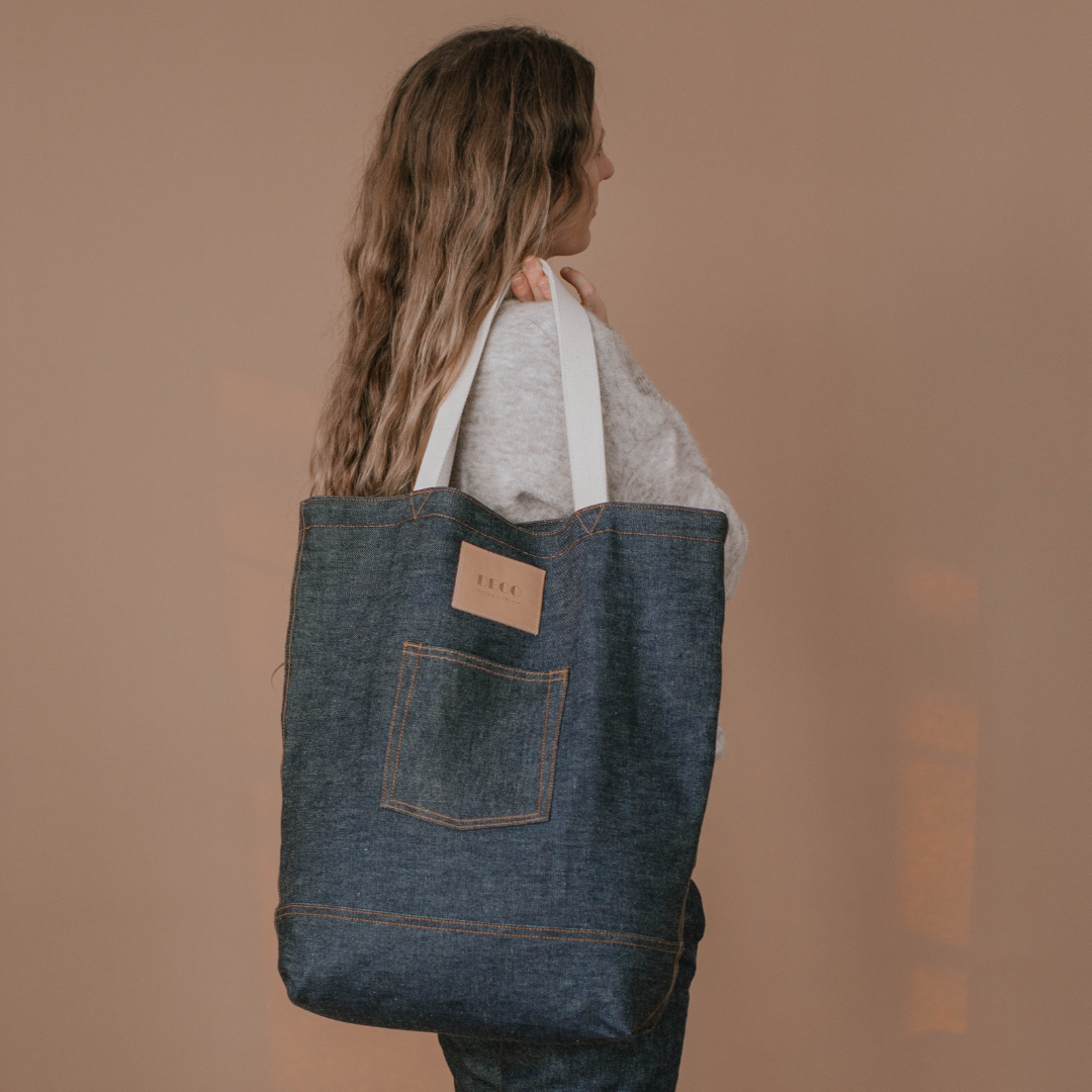 Selvedge Denim Tote Bag - Natural Handle – Deco Denim Selvedge Denim Tote Bag - Natural Handle – Deco Denim